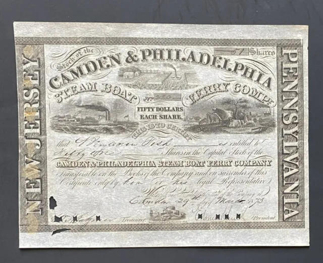 CAMDEN & PHILADELPHIA STEAM BOAT FERRY CO Stock 1873 Delaware River. SCARCE VF++