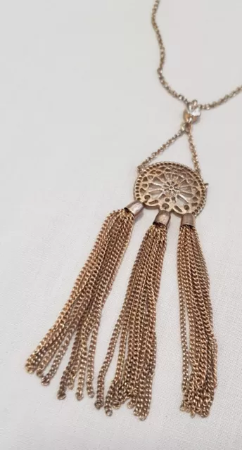 Ladies Gold Coloured Necklace chain Tassels Round pendant Gold Tone