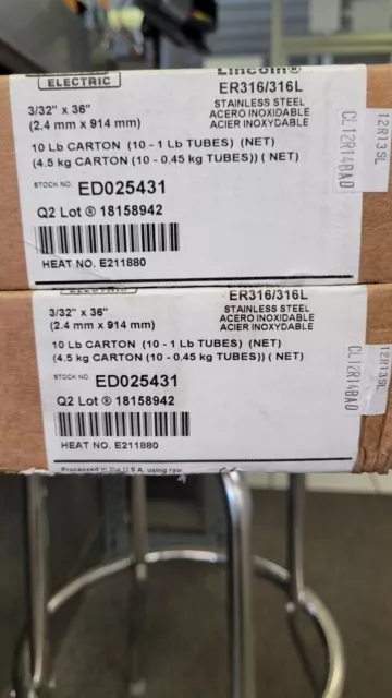 Lincoln Electric 316L TIG Filler rod ED025431 box of ten 1# tubes