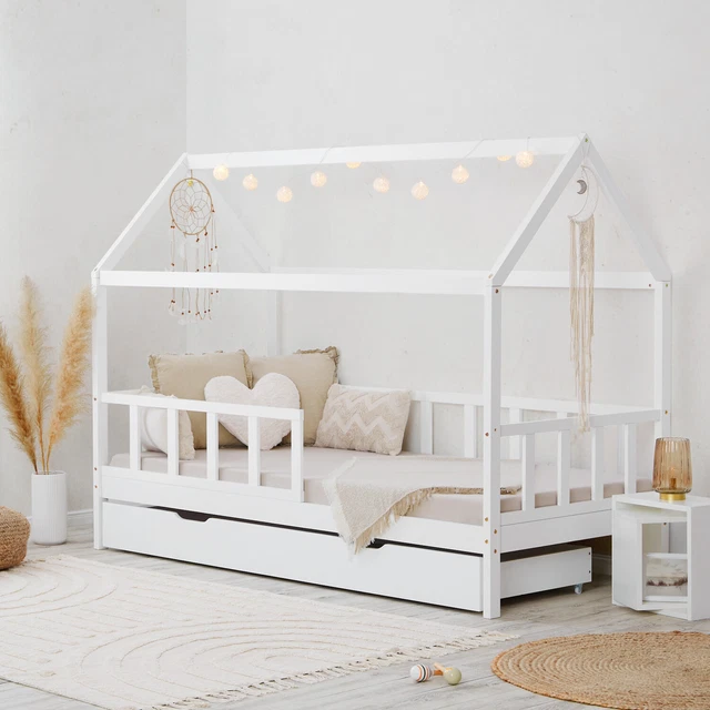Lit Cabane Enfant Paloma 90x190 Cm Avec Tiroir - Blanc, Bois De Pin, Barrière De Sécurité - 3