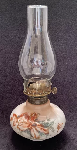 Antique Milk Glass Kerosene Oil Lamp-Floral Transfer Design-Flowers-Pink