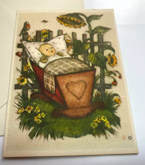 1941 ARS SACRA Hummel Greeting Card Baby in Cradle with Sunflowers 10H272 Unused