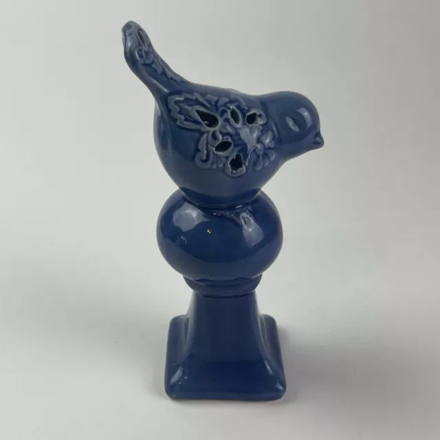 Bird On Pedestal Dark Blue Spring French Country Decor Reticulated Ceramic 6.5”