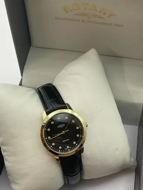 Rotary Damen Diamant Set schwarz Lederarmband Uhr LS03109/13 gebraucht toller Zustand