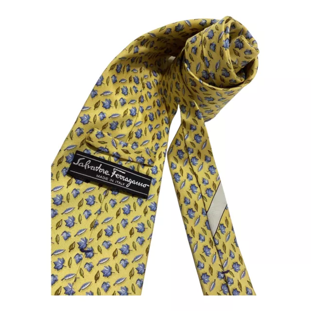 SALVATORE FERRAGAMO Yellow Leaf Print Luxury Silk Tie Italy W:3.8" EX COND 3