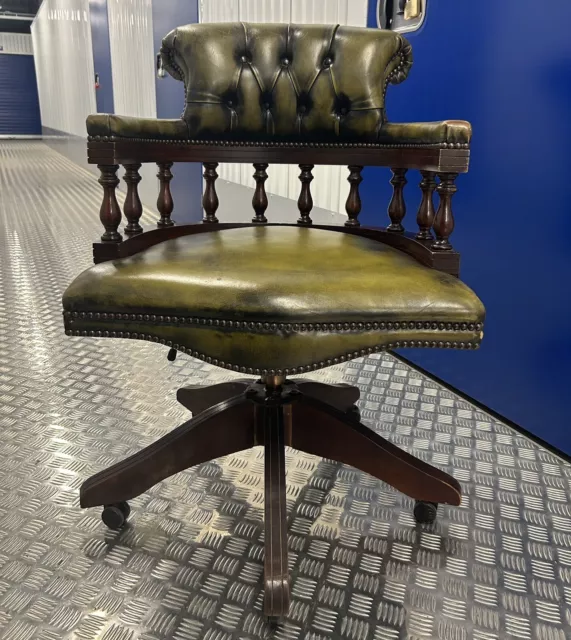 Chesterfield Green Leather Captains Swivel Chair Good Condition