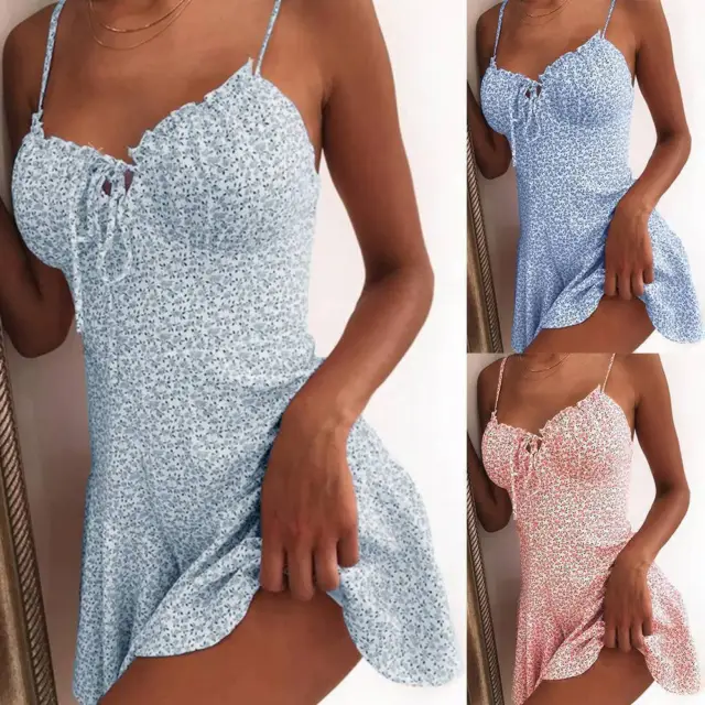 Sexy Womens Boho Floral Mini Dress Summer Strappy Holiday Beach Swing Sundress