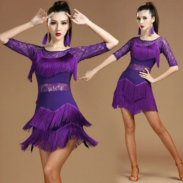 Women Latin Dance Dress Tassel Salsa Cha Cha Ballroom Costume Tango Rumba