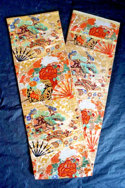 Maru Obi Japanese Kimono Antique Woven Classic Belt Silk Gold Sensu Fan Flower