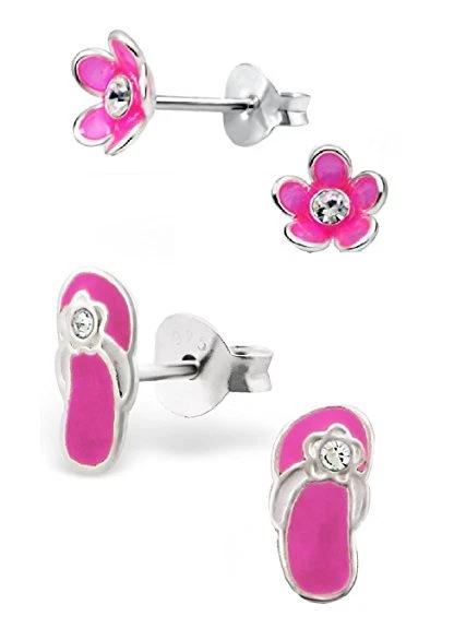 Set of 2 Pairs 925 Sterling Silver Kids Girls Lot Stud Earrings (Nickel Free)