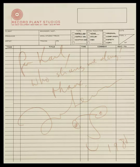 JOHN LENNON / THE BEATLES Signed Studio document 1980 - reprint
