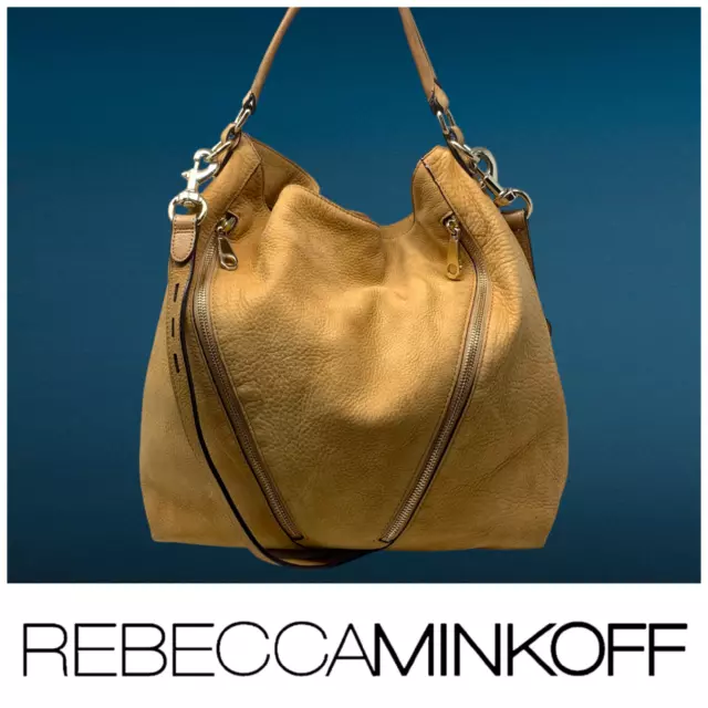 Rebecca Minkoff Bryn Tumbled Analine Leather Tan Large Hobo Bag Purse Two Zipper