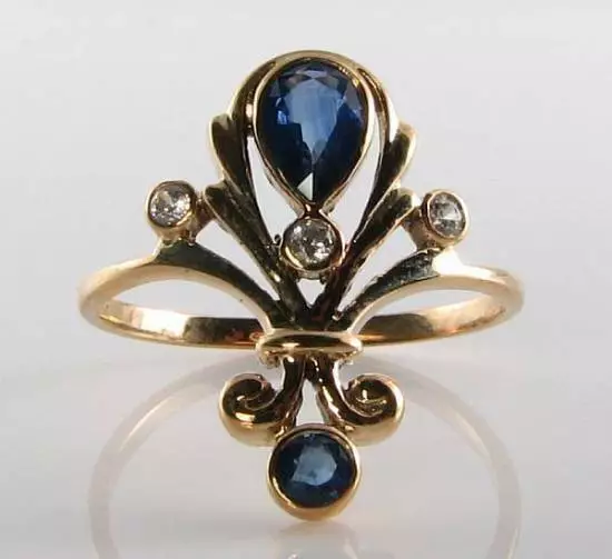 LONG 9CT 9K GOLD SAPPHIRE and DIAMOND CLUSTER ART DECO INS RING Size O