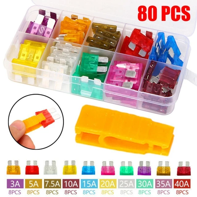 80pcs 12V Standard Lame Fusibles Auto 3A~40A Mixte Set + 1pc Pince Kit