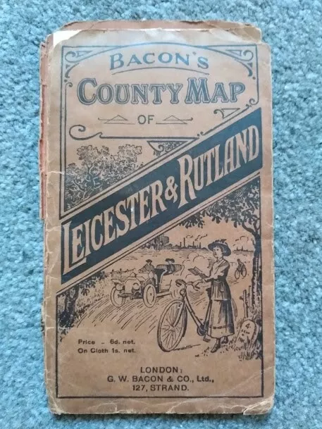 c.1902 Bacon's COUNTY  MAP of LEICESTER & RUTLAND