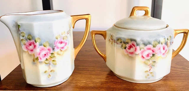 Germany Pink Rose Sugar Bowl and Creamer CT Carl Tielsch Altwasser Selsia