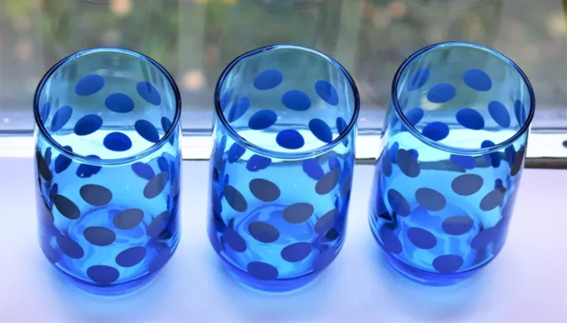 Vintage Cobalt Blue Polka Dot on Cerulean Blue Drinking Glasses MCM Juice 2