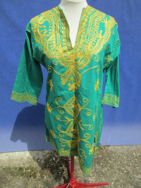 Robe Tunique Miss June En Viscose Vert Menthe - Broderies Beiges, Taille L