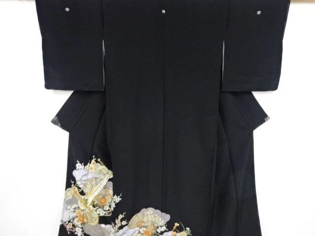 00568# Japanese Kimono / Antique Tomesode / Embroidery / Drum & Flower