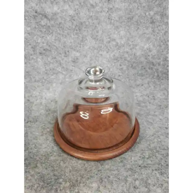 Vintage Solid Oak Wood Cheese Keeper Server Heavy Glass Dome Cover Kitchen