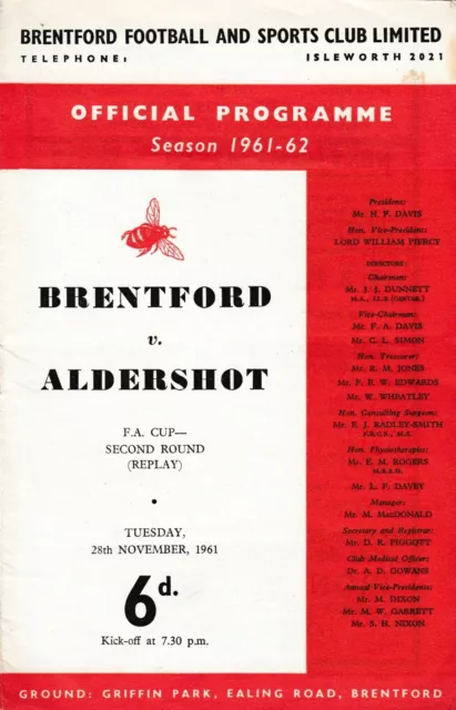 BRENTFORD v ALDERSHOT 1961/62 FA CUP 2ND ROUND REPLAY