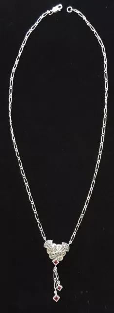 JUDITH JACK Marcasite W/ Dangle Garnets STERLING SILVER 17.5" L Necklace