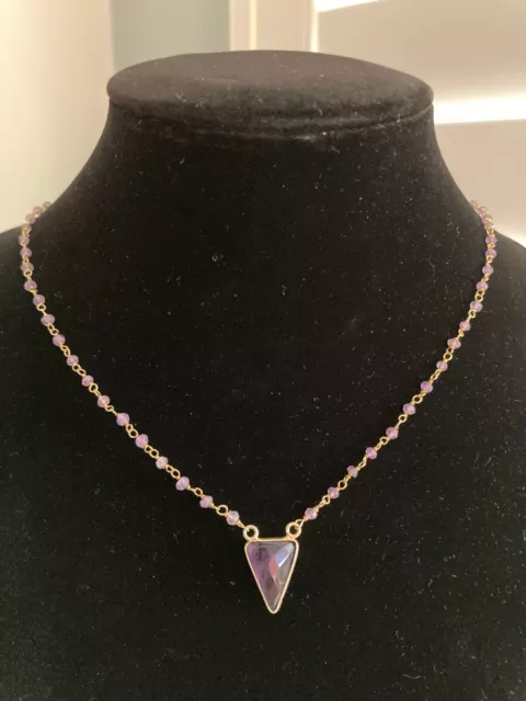 Triangle Amethyst & Bead on Rosary Style 18-20" Chain Gold Vermeil over Sterling