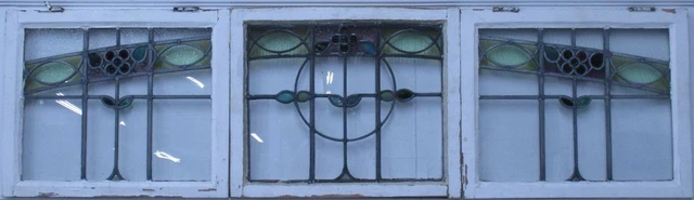 SET OF 3 OLD ENGLISH LEADED STAINED GLASS WINDOWS Gorgeous Floral 24" x 19.75"