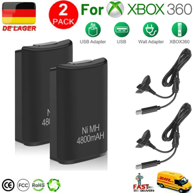 2x Wiederaufladbare Batterie Pack 4800mAh USB Ladekabel für XBox 360 Controller