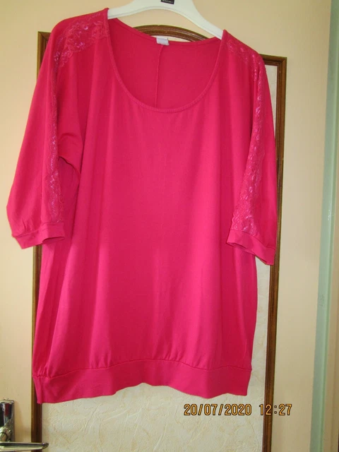 T-shirt Femme Fushia Avec Dentelle – Taille L – Manches 3/4 – Occasion Très Bon état