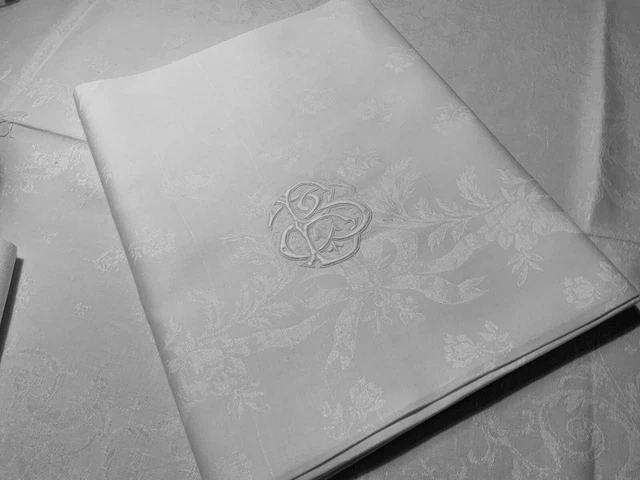 Linge Ancien Nappe De Mariage Damassé Soie Épis De Blé  4 Doubles Monogrammes BS