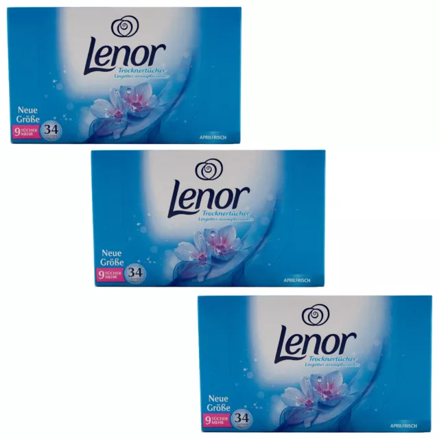 Lenor Dryer Towels APRIL FRESH 3 x 34 Piece - Reduces Wrinkle -