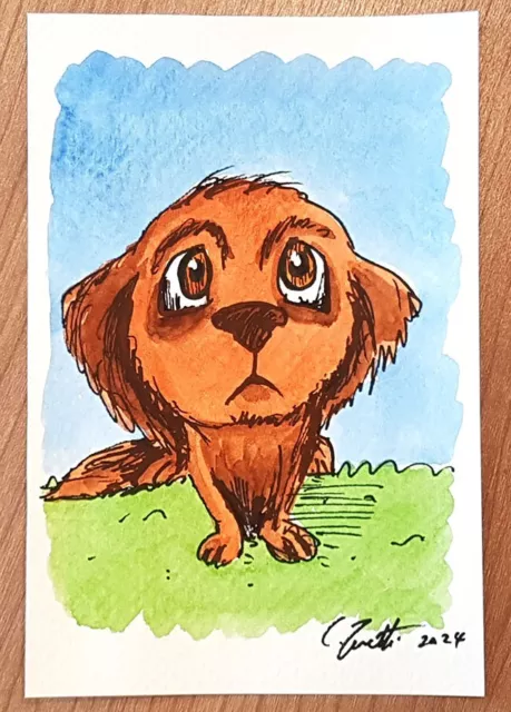 CHRIS ZANETTI Original Watercolor Painting DOG Puppy Pet Animal 6"x4" Signed Art