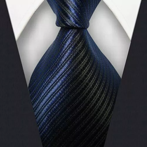 Mens Classic Striped Tie JACQUARD WOVEN 100% Silk Ties Necktie Dark Blue #L288