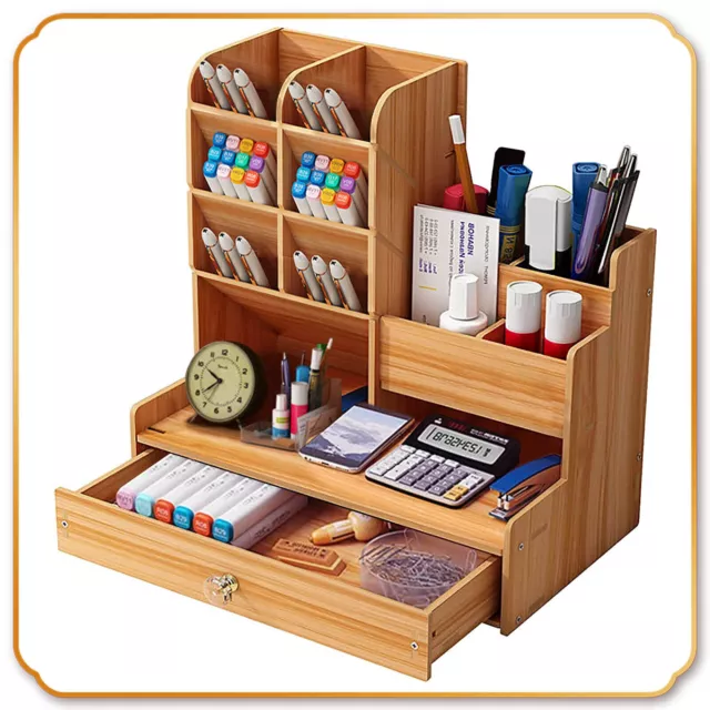 Wooden Pen Pencil Storage Holder Office Study Desk Organizer Table Box Tidy Case