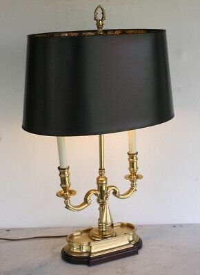 Antique Bouillotte Brass Table Lamp Faux Double Candlestick Marbling Oval Shade