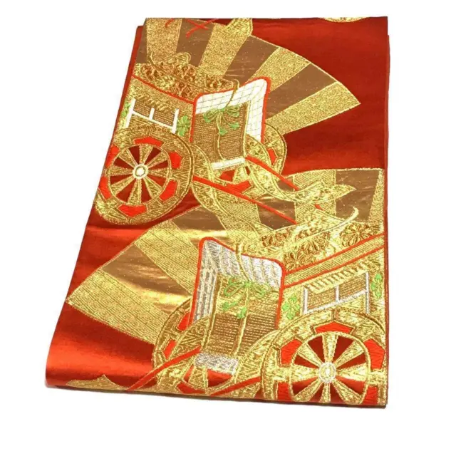 9015# Japanese Vintage Fukuro Obi Belt Kimono Pure Silk Folding Fan Red
