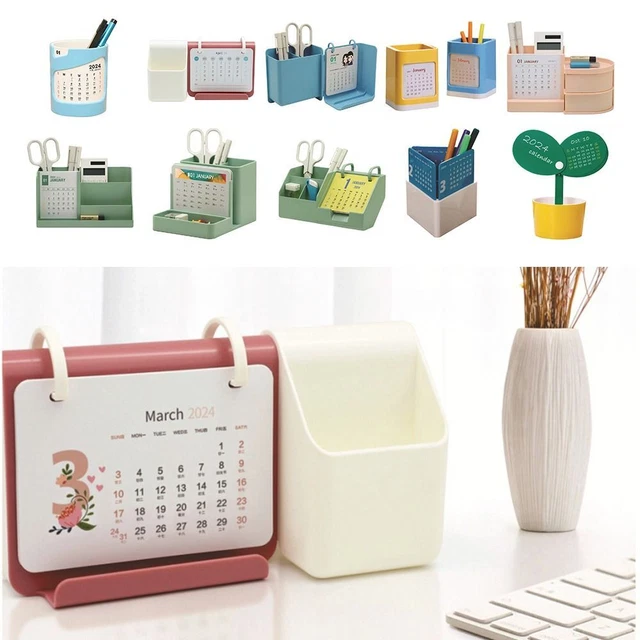 2-IN-1 PEN CONTAINER Plastic Desk Organizer Table Calendar Home Office ...