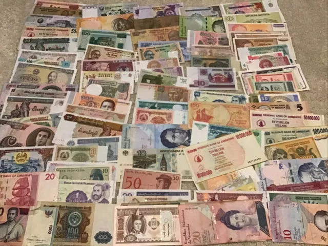 Collection of 100 Worldwide Banknotes. Old & New notes. All different set.