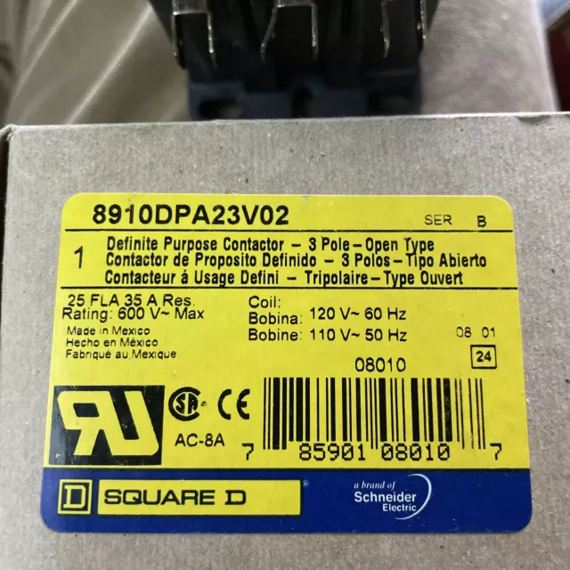 Square D Definite Purpose Contactor 3 Pole 25 Fla 115 V  DPA23V02 8910 DPA 23 3