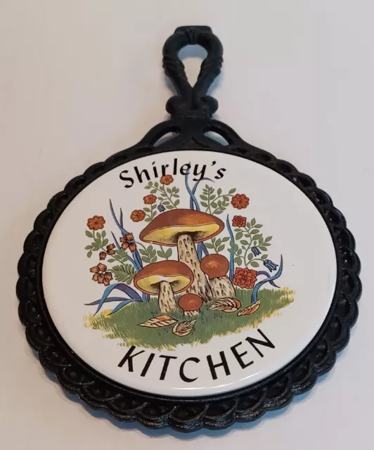 Trivet "Shirley's Kitchen" Ceramic Tile & Cast Iron, with Mushrooms & Flowers