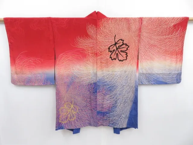 3513T05z450 Antique Japanese Kimono Silk HAORI Chrysanthemum Dark red