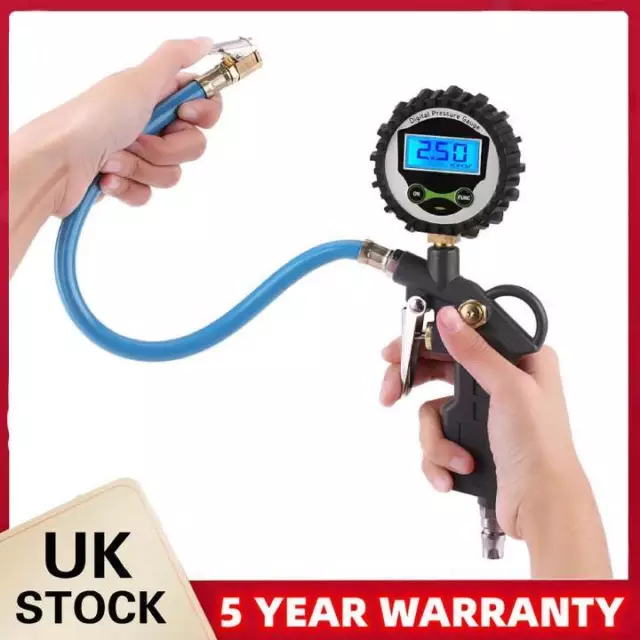 0-220 psi Digital Tyre Inflator Gauge Air Line Pump Pressure Tester 35cm Hose UK