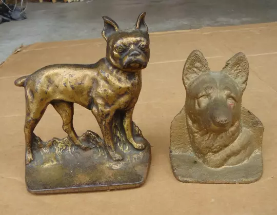 2 vintage dog German shepherd cast iron bookends boston terrier figurine statue