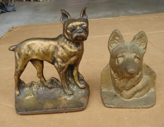 2 vintage dog German shepherd cast iron bookends boston terrier figurine statue