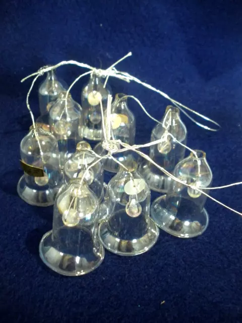 Vintage Clear Blown Glass Mini Bell~10~Bead Clapper~1-3/4"~Silver String