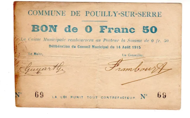 FRANCE BON COMMUNAL Pouilly-Sur-SERRE BON de 0 FRANC 50 BILLET Nécessite BON ETA