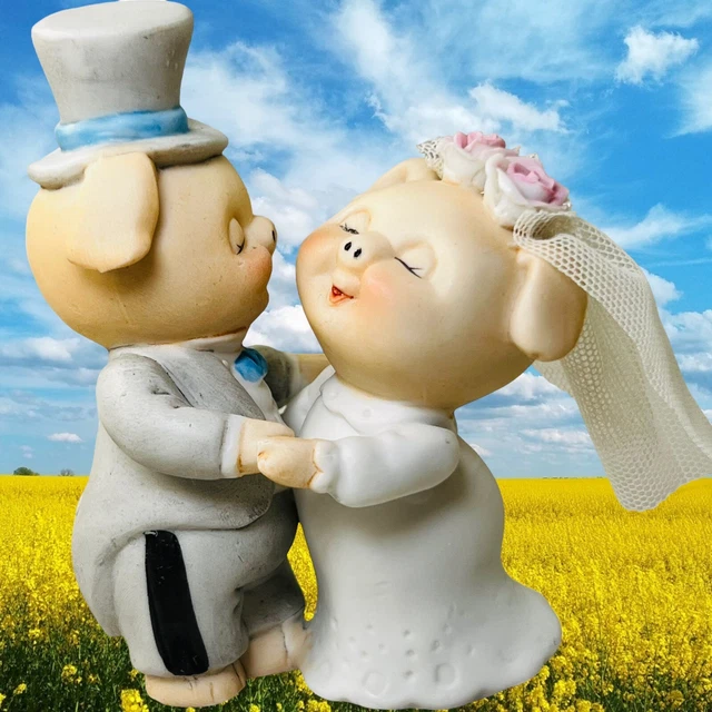 Enesco Pig Bride and Groom Vintage 1981 Piggie Wedding Topper Whimsical Cute