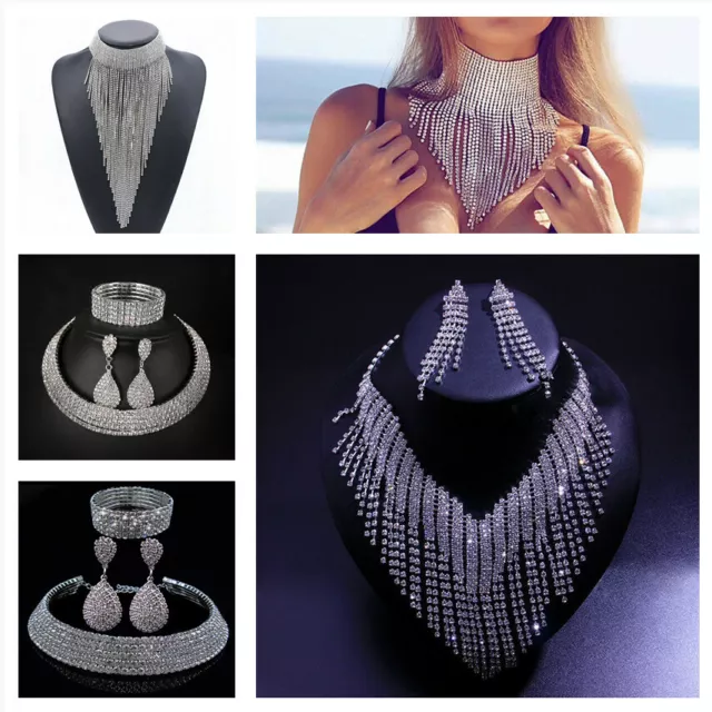 Women Fashion Crystal Rhinestone Pendant Necklace Earrings Wedding Jewelry Set