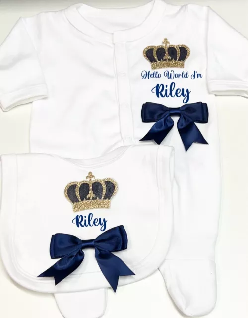 Newborn Baby Boy/Girl SleepSuit Prince Homecoming Set Babygrow Bib Bow SALE !!!